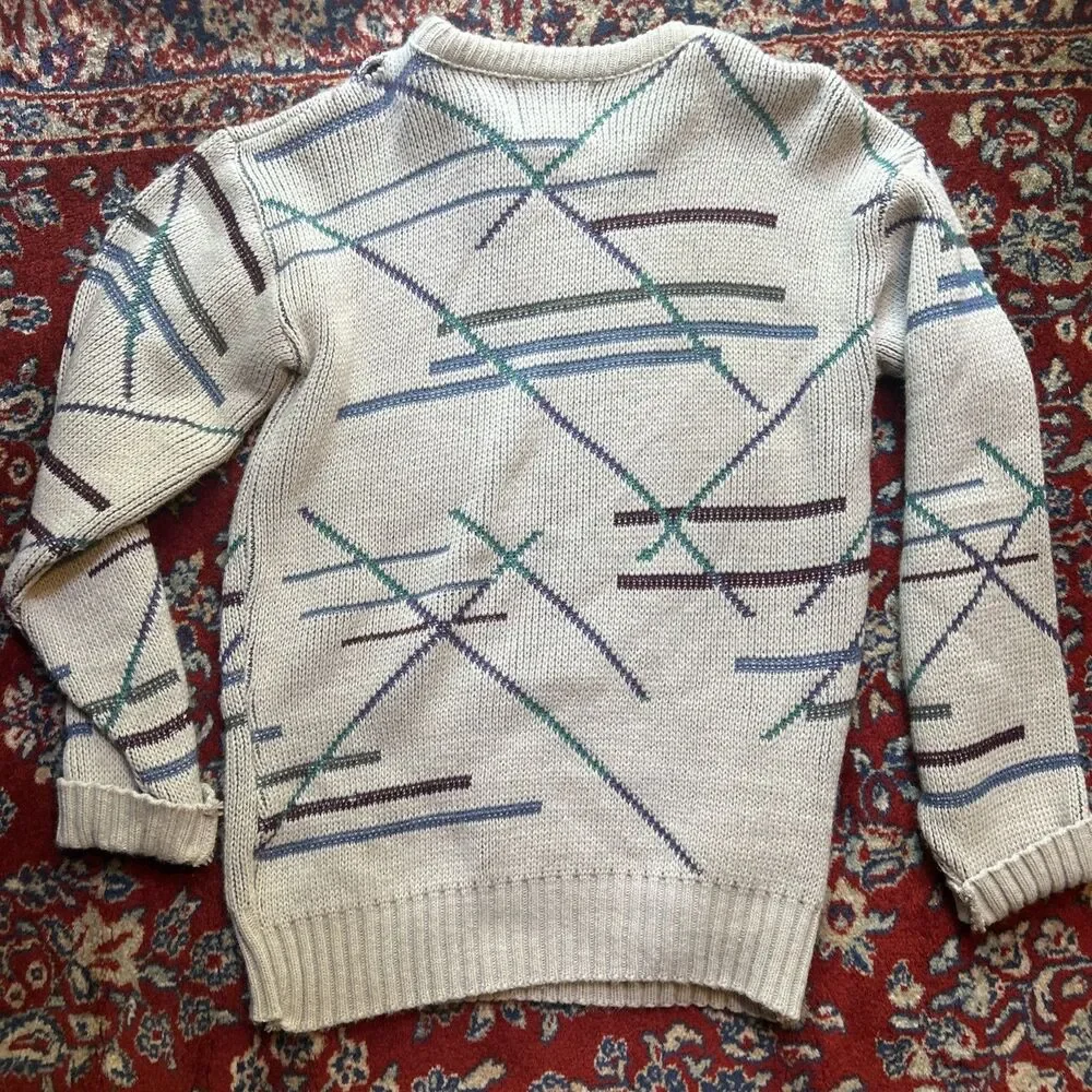 Vintage Towne By London Fog Sweater Mens M White Abstract Knit Geometric 80s